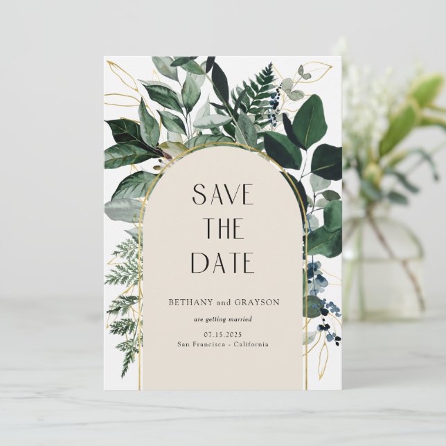 QR code, Elegant beige Botanical Foliage Wedding Save The Date (Standing Front)