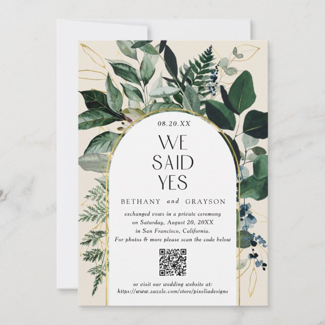 QR code, Elegant Beige Modern Botanical Wedding Announcement (Front)