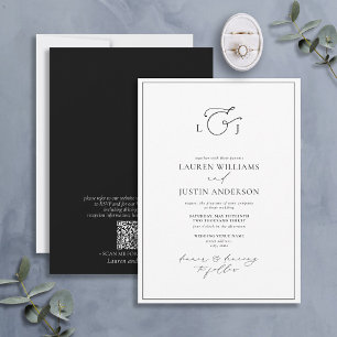 QR Code Elegant Black White Calligraphy Monogram Invitation