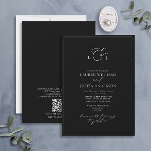 QR Code Elegant Black White Calligraphy Monogram Invitation