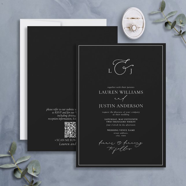 QR Code Elegant Black White Calligraphy Monogram Invitation (Creator Uploaded)