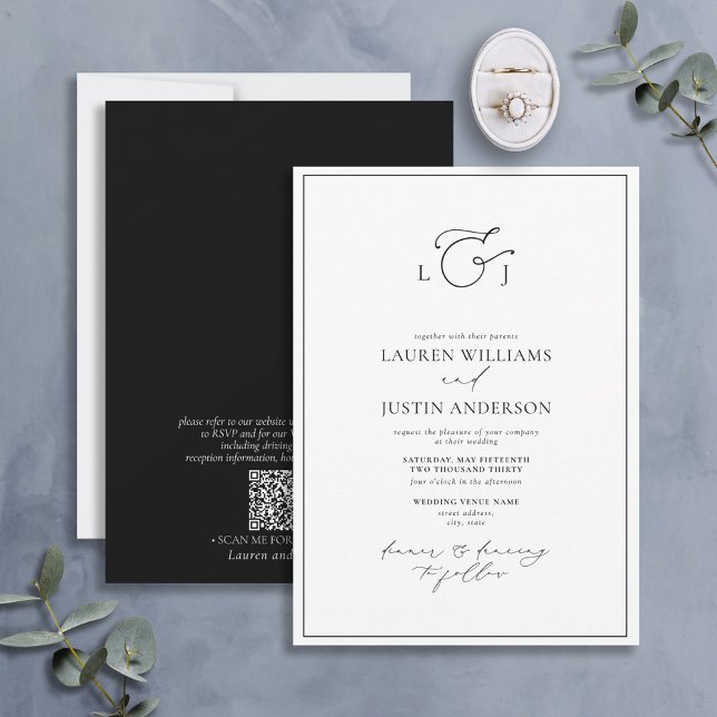 QR Code Elegant Black White Calligraphy Monogram Invitation (Creator Uploaded)