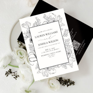 QR Code Elegant Black White Floral Line Art Invitation