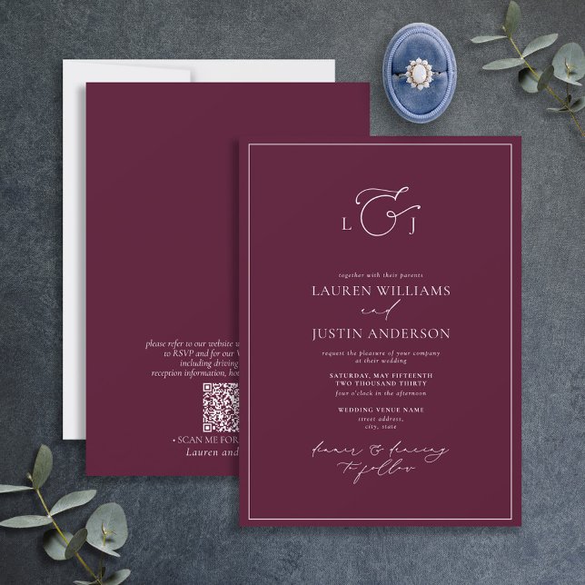 QR Code Elegant Burgundy Calligraphy Monogram Invitation (Creator Uploaded)