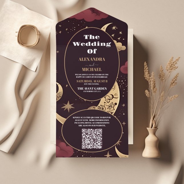 QR Code Elegant Burgundy Gold Celestial Wedding All In One Invitation (Creator Uploaded)