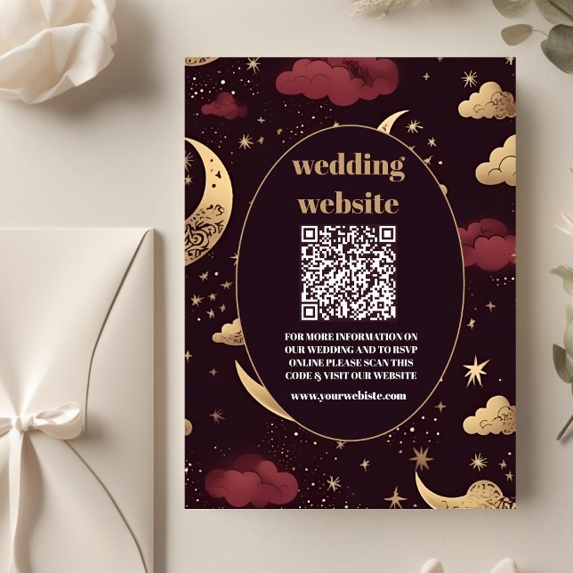 qr code Elegant Burgundy Gold Celestial Wedding Enclosure Card (Creator Uploaded)
