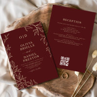 QR Code Elegant Burgundy Gold Monogram Wedding