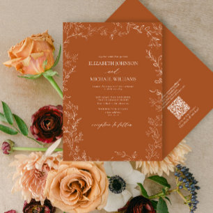 QR Code Elegant Burnt Orange Minimal Leaf Wedding Invitation