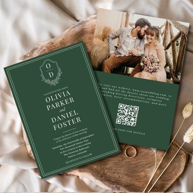QR Code Elegant Crest Emerald Green Photo Wedding Invitation (Creator Uploaded)