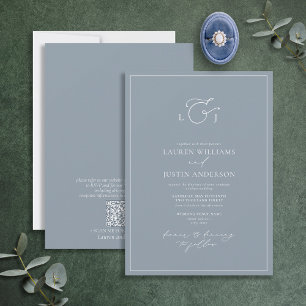 QR Code Elegant Dusty Blue Calligraphy Monogram Invitation