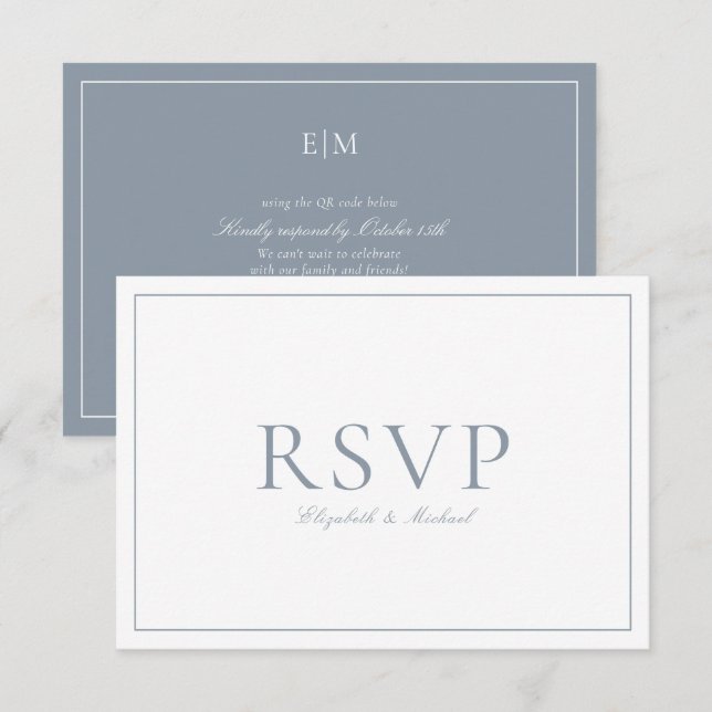 QR Code Elegant Dusty Blue Monogram Wedding RSVP Card (Front/Back)