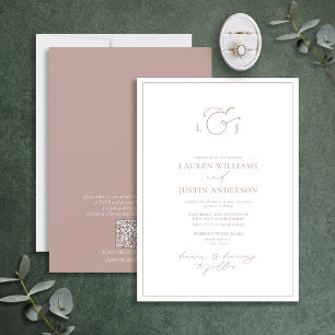 QR Code Elegant Dusty Rose Calligraphy Monogram Invitation