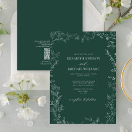 QR Code Elegant Emerald Green Minimal Leaf Wedding Invitation