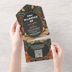 QR Code Elegant Floral Art Nouveau Wedding All In One Invitation
