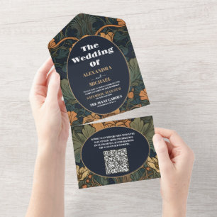 QR Code Elegant Floral Art Nouveau Wedding All In One Invitation