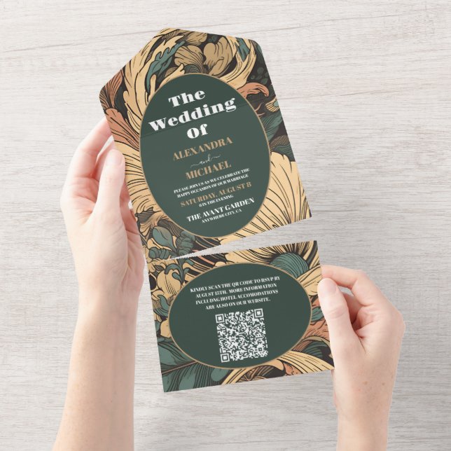 QR Code Elegant Floral Art Nouveau Wedding All In One Invitation (Tearaway)