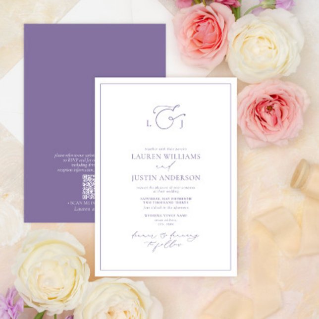 QR Code Elegant Lavender Calligraphy Monogram Invitation (Creator Uploaded)