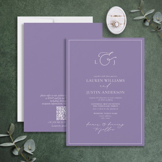 QR Code Elegant Lavender Calligraphy Monogram Invitation (Creator Uploaded)