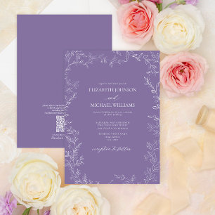 QR Code Elegant Lavender Minimal Leaf Wedding Invitation