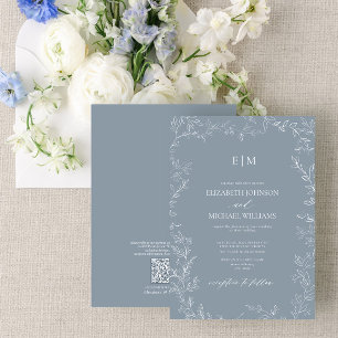 QR Code Elegant Leaf Dusty Blue Monogram Wedding Invitation