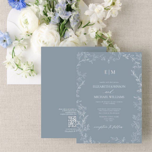 QR Code Elegant Leaf Dusty Blue Monogram Wedding Invitation (Creator Uploaded)