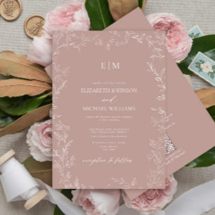 QR Code Elegant Leaf Dusty Rose Monogram Wedding Invitation