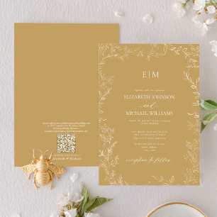 QR Code Elegant Leaf Gold Monogram Wedding Invitation
