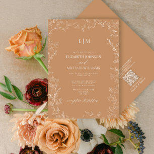 QR Code Elegant Leaf Terracotta Monogram Wedding Invitation