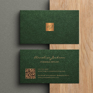 QR code elegant luxury green gold monogram  Business Card