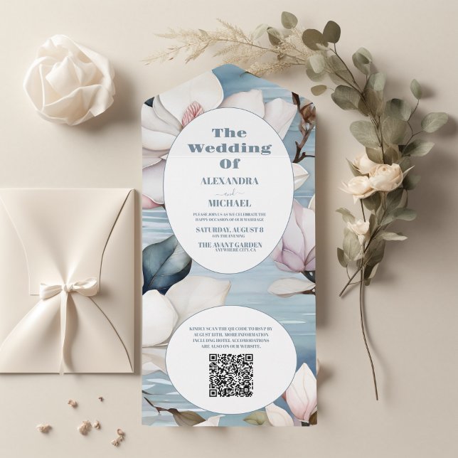 QR Code Elegant Magnolia Wedding All In One Invitation (Creator Uploaded)