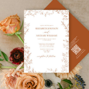 QR Code Elegant Minimal Leaf Burnt Orange Wedding Invitation