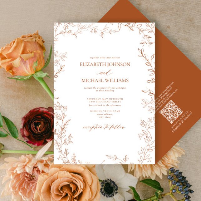 QR Code Elegant Minimal Leaf Burnt Orange Wedding Invitation (Creator Uploaded)