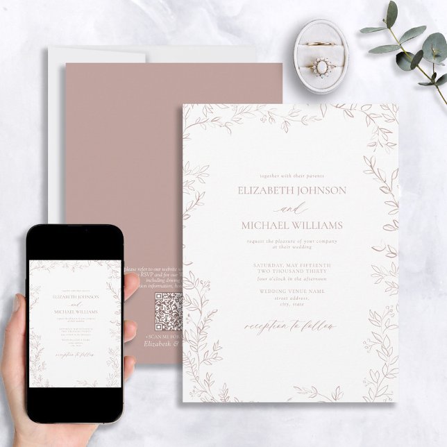 QR Code Elegant Minimal Leaf Dusty Rose Wedding Invitation (Creator Uploaded)