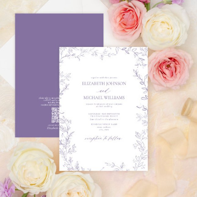 QR Code Elegant Minimal Leaf Lavender Wedding Invitation (Creator Uploaded)