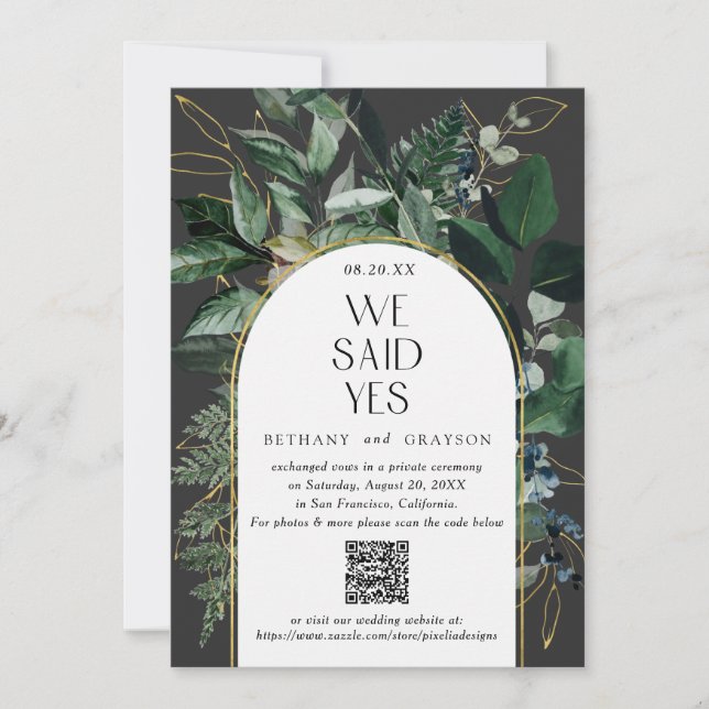 QR code, Elegant Modern Botanical Greenery Wedding Announcement (Front)