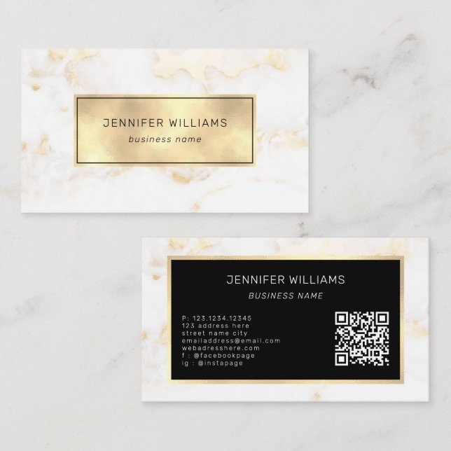 QR Code Elegant Modern Gold White Marble Business Card (Front/Back)