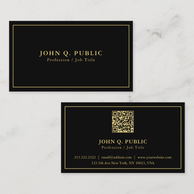 QR Code Elegant Modern Simple Template Black Gold Business Card (Front/Back)