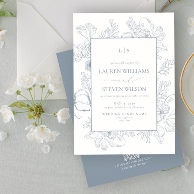 QR Code Elegant Monogram Dusty Blue Floral Line Invitation (Creator Uploaded)