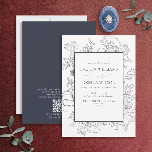 QR Code Elegant Navy Blue Floral Line Art Wedding Invitation (Creator Uploaded)
