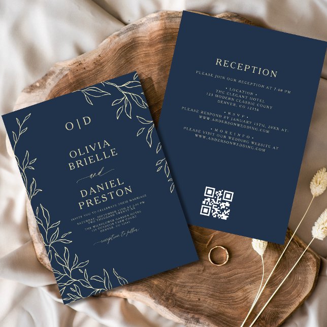QR Code Elegant Navy Blue Gold Monogram Wedding Invitation (Creator Uploaded)