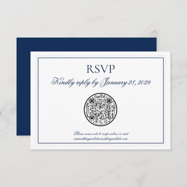 QR Code Elegant Navy Blue White Wedding RSVP (Front/Back)