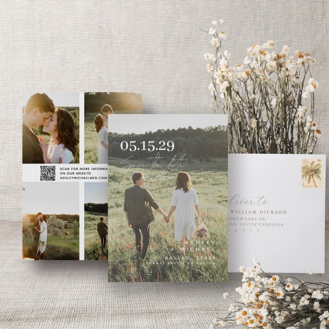 QR Code Elegant Overlay Modern Typography 5 Photo Save The Date (QR Code Save the Date!)