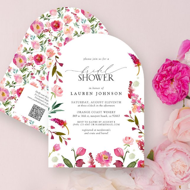 QR Code Elegant Pink Flowers Bridal Shower Invitation (Creator Uploaded)