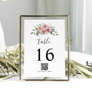 QR Code Elegant Pink Rose Watercolor Wedding Table Number
