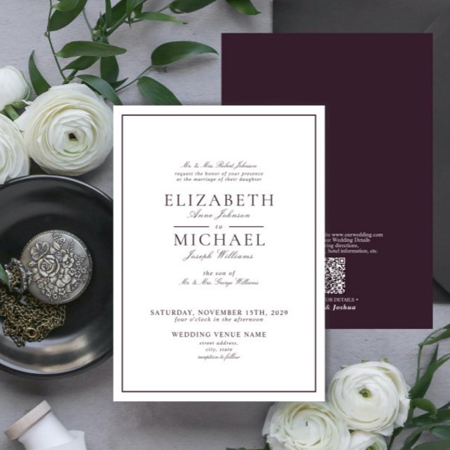 QR Code Elegant Purple Classic Script Wedding Invitation (Creator Uploaded)