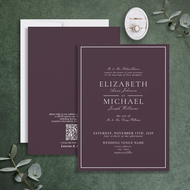 QR Code Elegant Purple Classic Script Wedding Invitation (Creator Uploaded)
