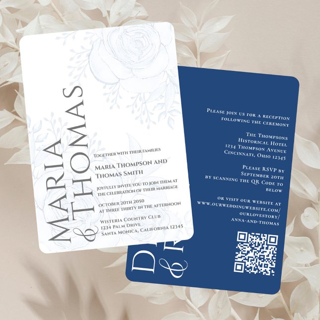QR Code Elegant RSVP Online Dusty Blue Floral Invitation (Elegant blue floral wedding invitation with a modern typography and QR Code. )