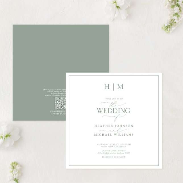 QR Code Elegant Sage Green Calligraphy Monogram Invitation (Creator Uploaded)