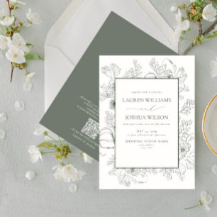 QR Code Elegant Sage Green Floral Line Art Wedding Invitation