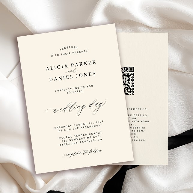 QR CODE elegant simple black and ivory wedding Invitation (Creator Uploaded)